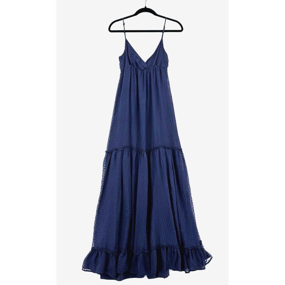 Tori Richard Silk Blend Maxi Dress 0 Navy Swiss Dot Tiered Boho Resort Romantic